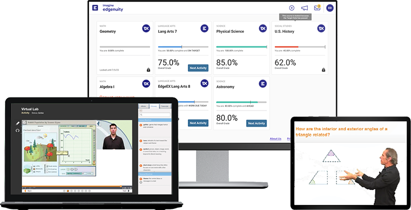 Monitor, laptop, and tablet screens showing Imagine Edgenuity product screenshots.