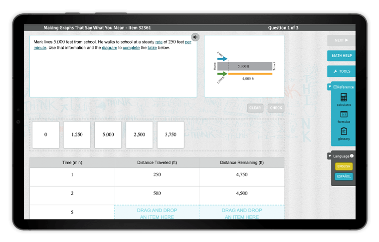 Screenshot of an Imagine Math 3+ lesson involving a diagram. Language selection between English and Español is present on the right of the screen.